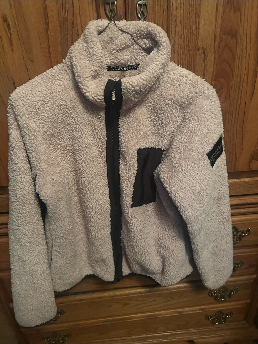 Calvin Klein Kids Cream Sherpa Puffer Jacket with Black Accents